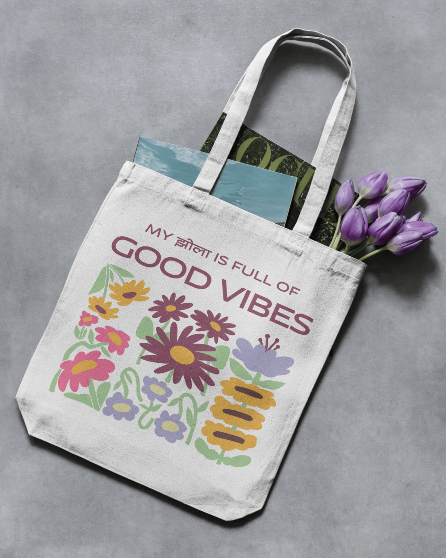 Good Vibes Jhola - Retro Floral | Cotton Canvas Tote Bag