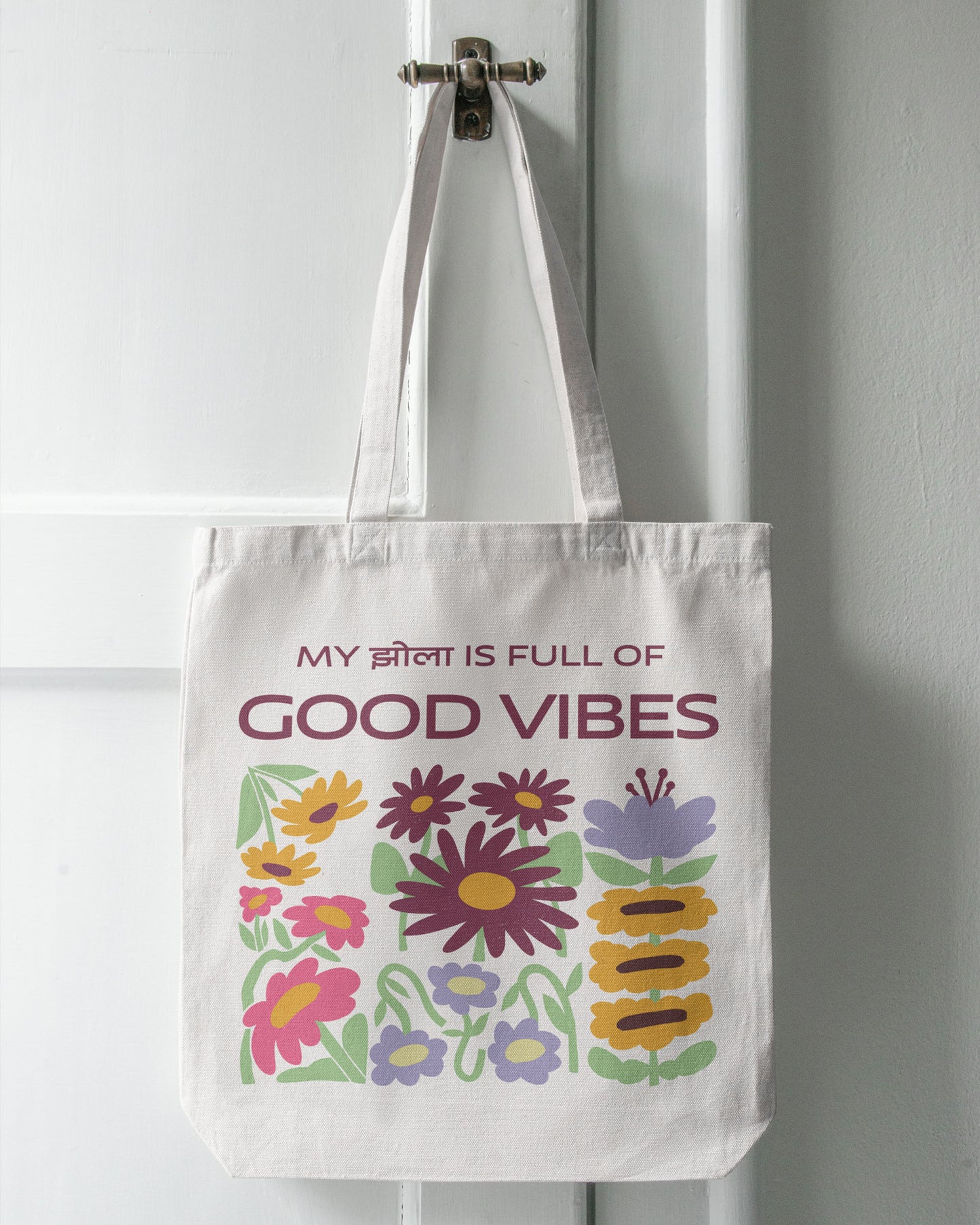 Good Vibes Jhola - Retro Floral | Cotton Canvas Tote Bag
